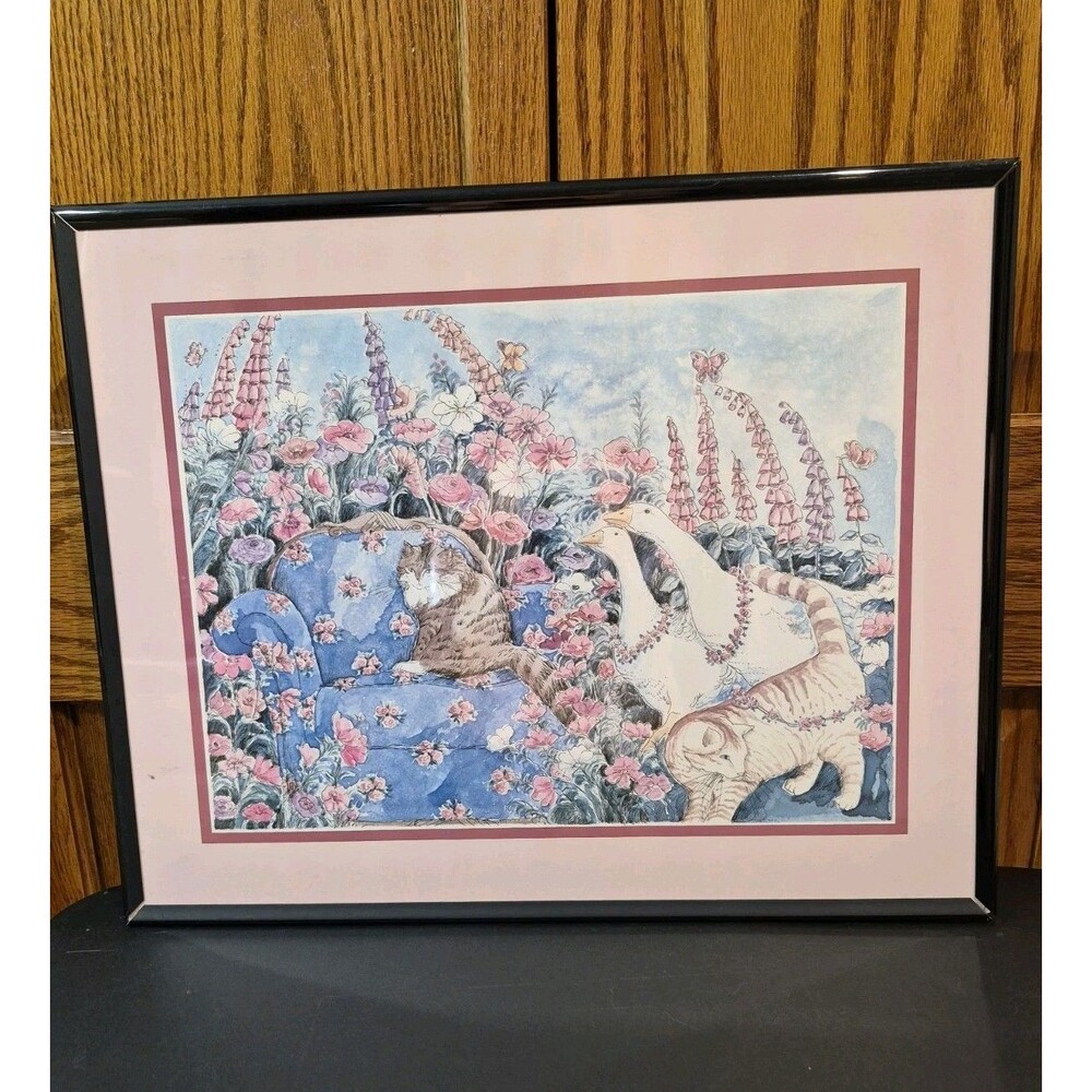 Alice Shaw Print Vintage 1980s Cottage Core Geese Cats Flowers Framed Lg  16x20